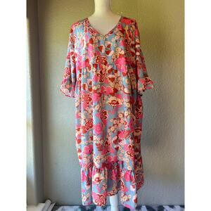 Womens Blue Pink Floral Bird Boho Babydoll Midi Dress Bell Sleeve 5XL